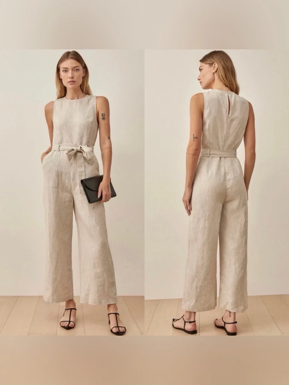 Reformation Naomi Linen Tie Jumpsuit Oatmeal Beige Size 12